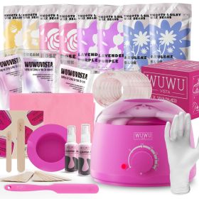 Waxing Kit WUWUVISTA 69 Items Hair Removal Wax Kit With Wax Warmer Waxing Beads For Face, Brazilian, Full Body, Bikini, Sensitiive Skin Skin Suit (Option: Pinkish purple-US Plug)